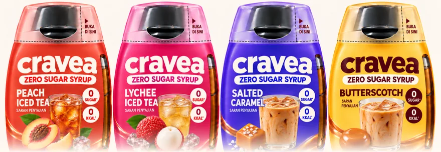 Empat botol CRAVEA: Peach Iced Tea, Lychee Iced Tea, Salted Caramel, Butterscotch